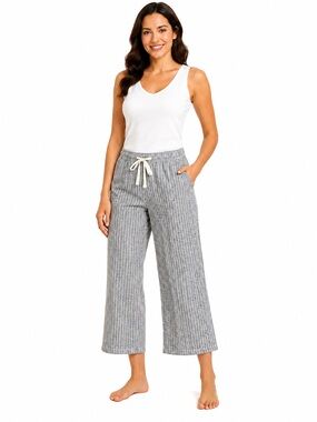 Roxy Black Striped Linen Blend Wide-Leg Drawstring Pants